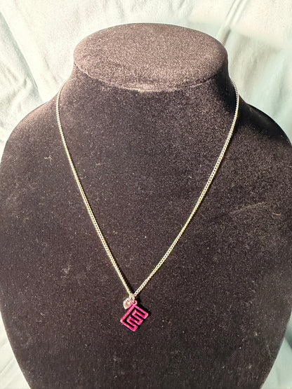 Silver‑Tone Necklace With Pink Geometric Initial Pendant and Mini Heart Charm