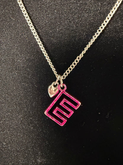 Silver‑Tone Necklace With Pink Geometric Initial Pendant and Mini Heart Charm
