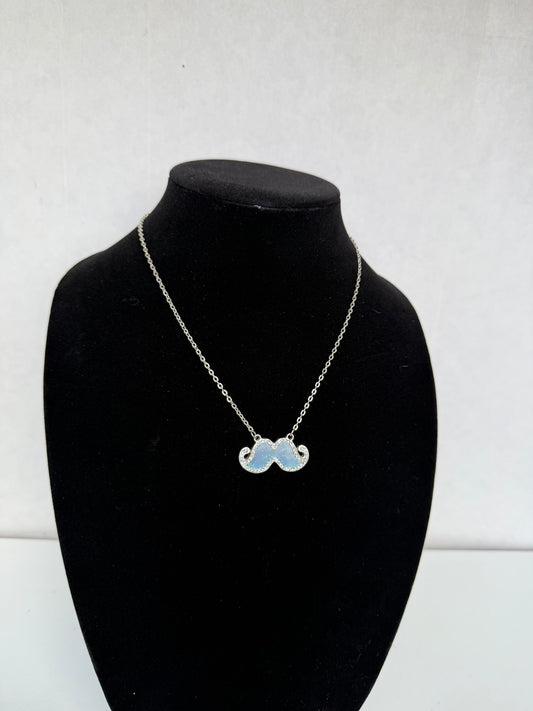 Silver‑Tone Mustache Pendant Necklace With Light Blue Enamel