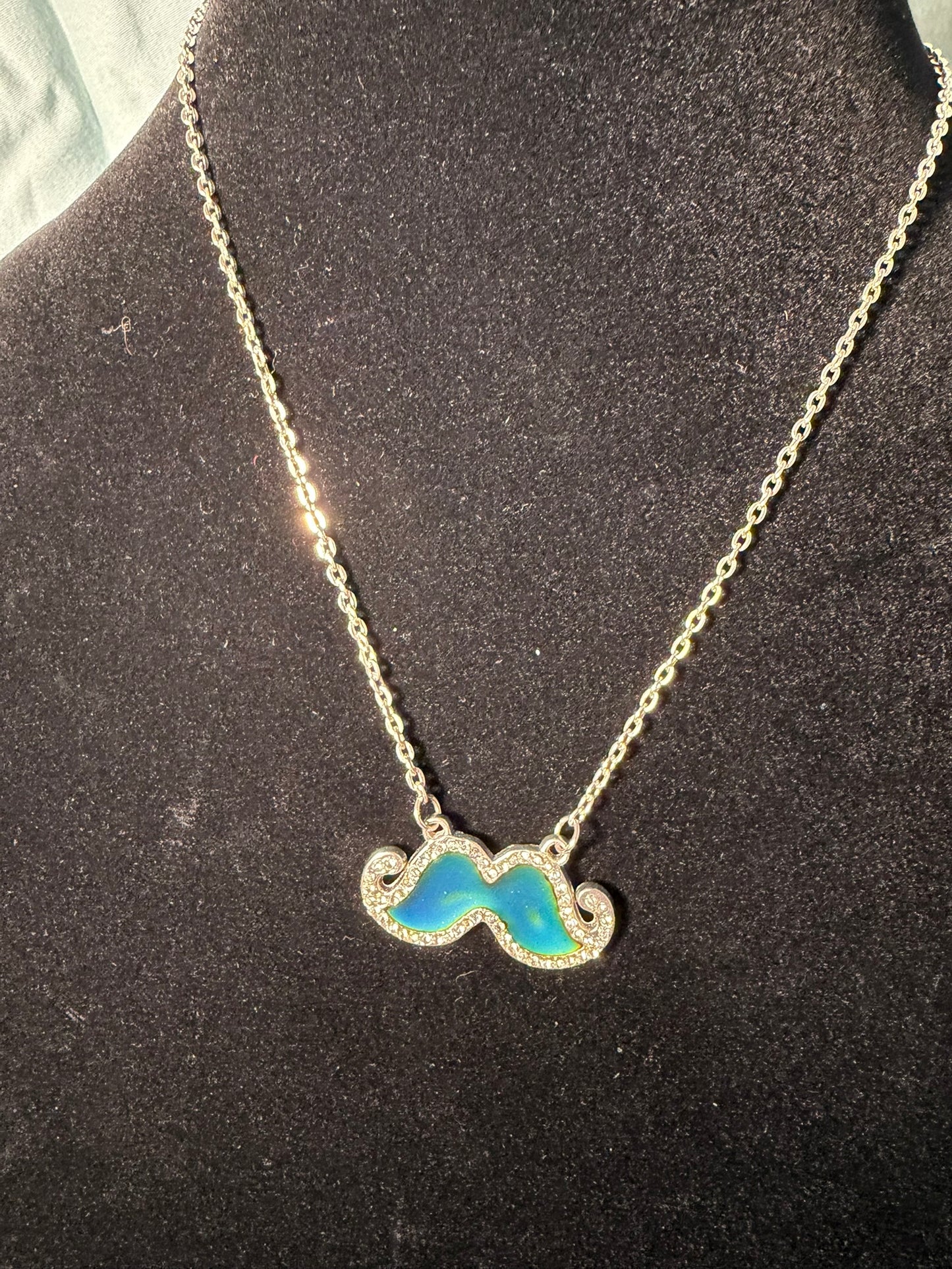 Silver‑Tone Mustache Pendant Necklace With Light Blue Enamel