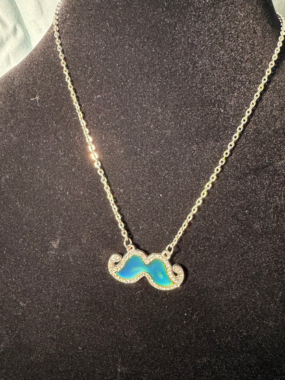 Silver‑Tone Mustache Pendant Necklace With Light Blue Enamel