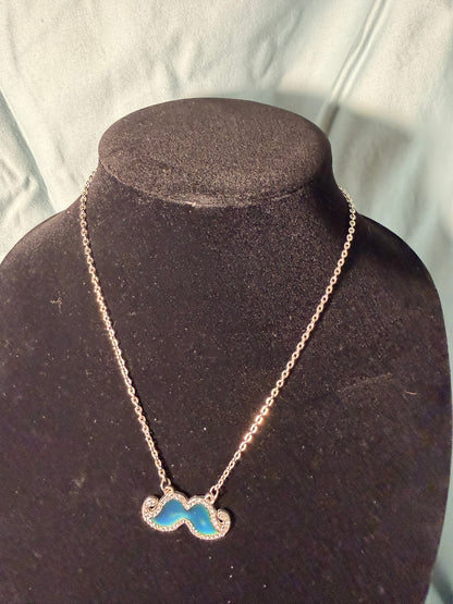 Silver‑Tone Mustache Pendant Necklace With Light Blue Enamel
