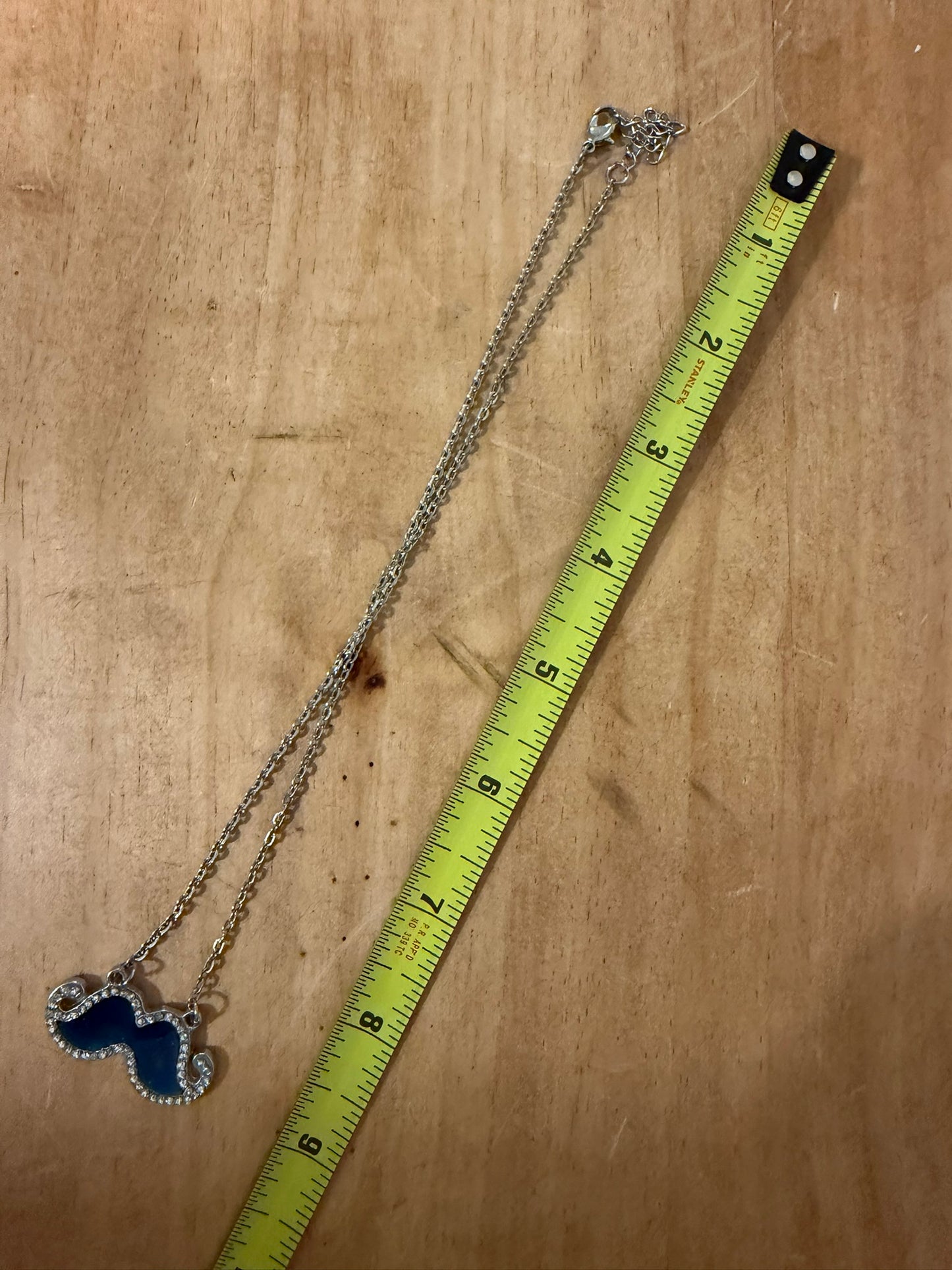 Silver‑Tone Mustache Pendant Necklace With Light Blue Enamel