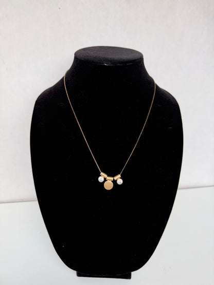 Minimalist Gold‑Tone Necklace With Trio of Modern Charms (Disc + Two Crystal Drops)