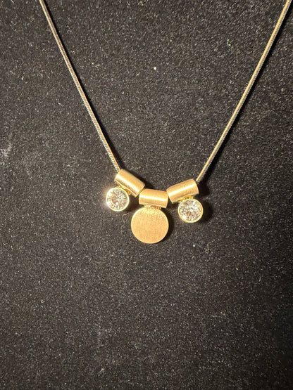 Minimalist Gold‑Tone Necklace With Trio of Modern Charms (Disc + Two Crystal Drops)