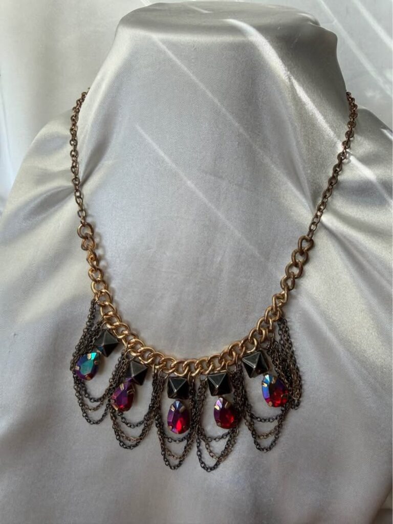 Gold Tone Statement Necklace with Pink Crystal Charms (MWL004)