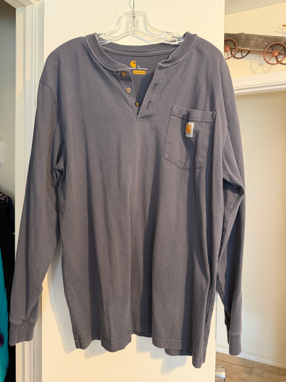 Carhartt Original Fit Long Sleeve Henley Pocket Shirt Men's Large Navy Blue Workwear