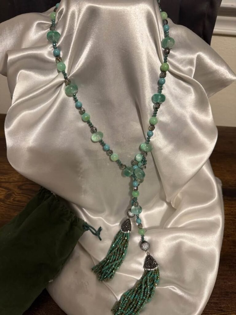 Betsy Simpson Jade & Green Swarovski Crystal Lasso Necklace | Sterling Silver Tassels (CCC029)