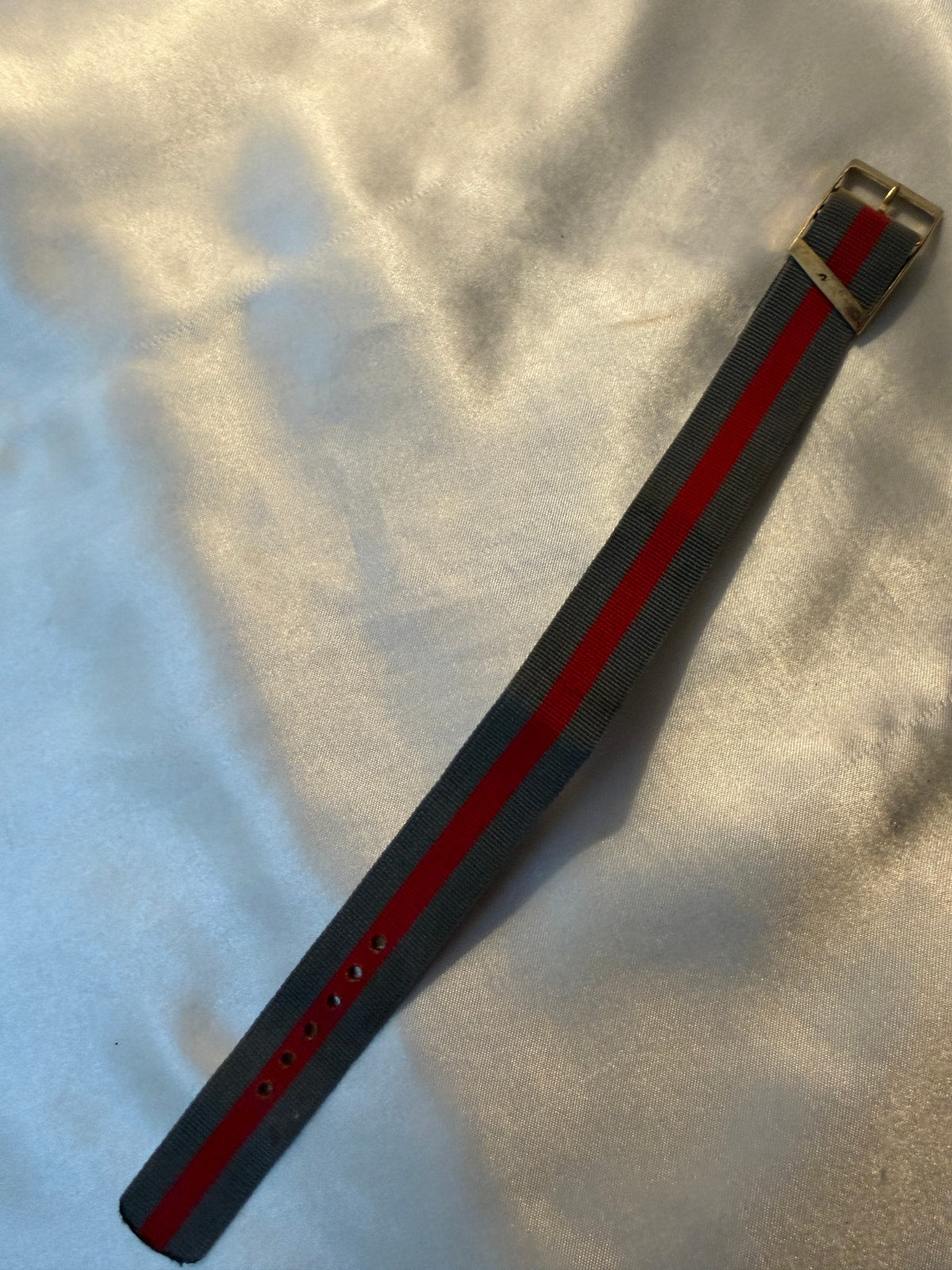 Vintage NATO Style Watch Band - Gray & Red Stripe - Gold Tone Buckle (CCC121)