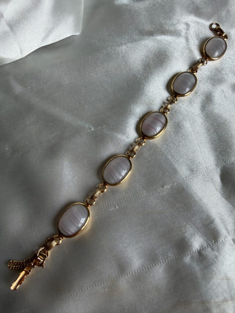 Vintage Sarah Coventry Gold-Tone Bracelet with Pink Banded Cabochons MRL30
