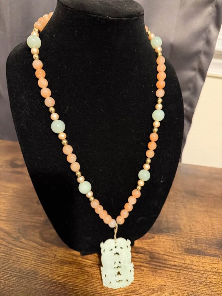 Vintage Nephrite Jade, Sunstone & Pearl Pendant Necklace (CCC020)