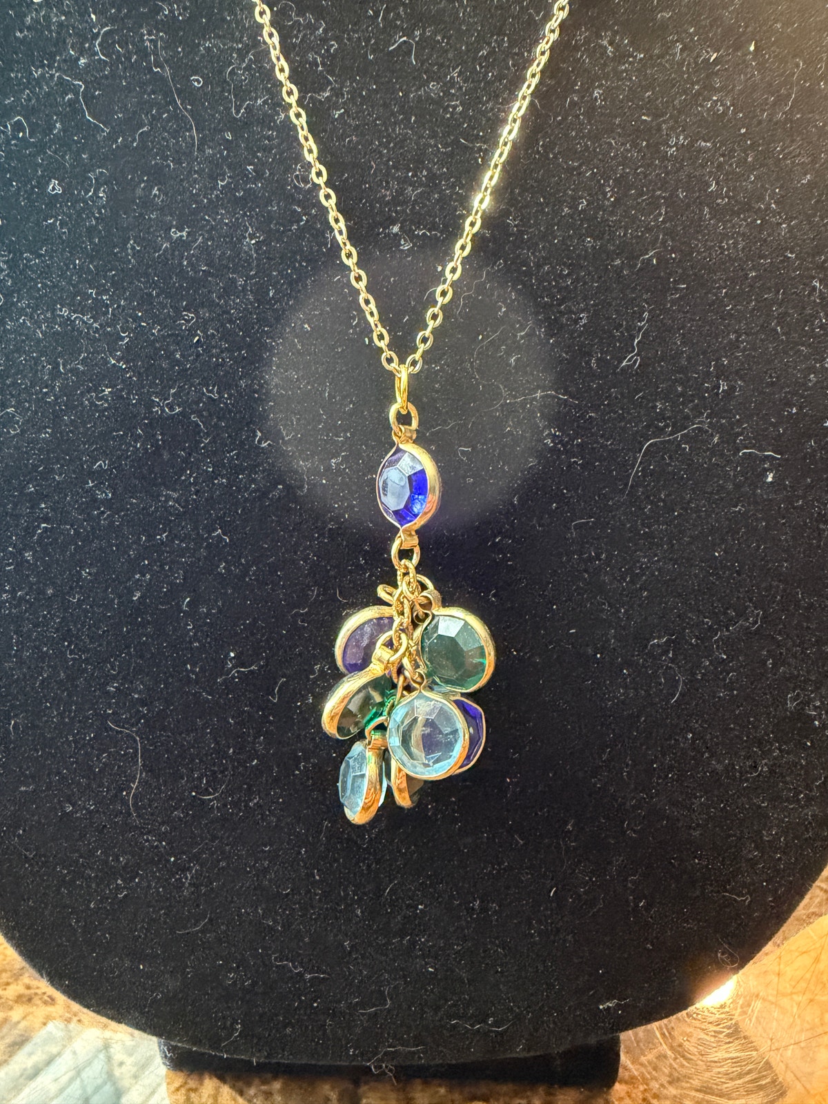 Blue & Green Crystal Cluster Necklace - Gold Tone Adjustable Chain MWL048